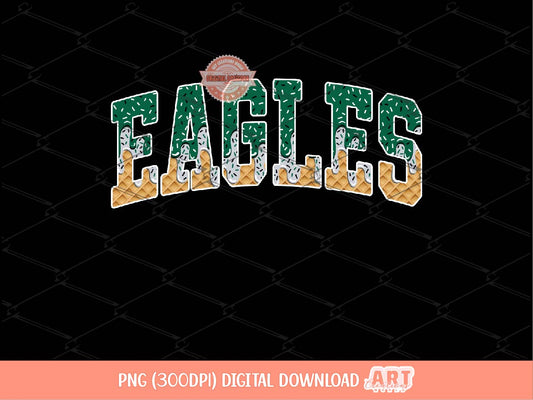 Eagles Green Grey Drip PNG, Arched Varsity Drippy Ice cream waffle Cone Mascot Sublimation Shirt Design