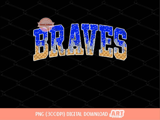 Braves Royal Blue Silver Grey Drip PNG, Arched Varsity Drippy Ice cream waffle Cone Mascot Sublimation Shirt Design