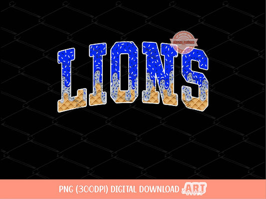 Lions Royal Blue Silver Grey Drip PNG, Arched Varsity Drippy Ice cream waffle Cone Mascot Sublimation Shirt Design