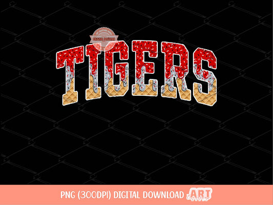 Tigers Red Silver Grey Drip PNG, Arched Varsity Drippy Ice cream waffle Cone Mascot Sublimation Shirt Design