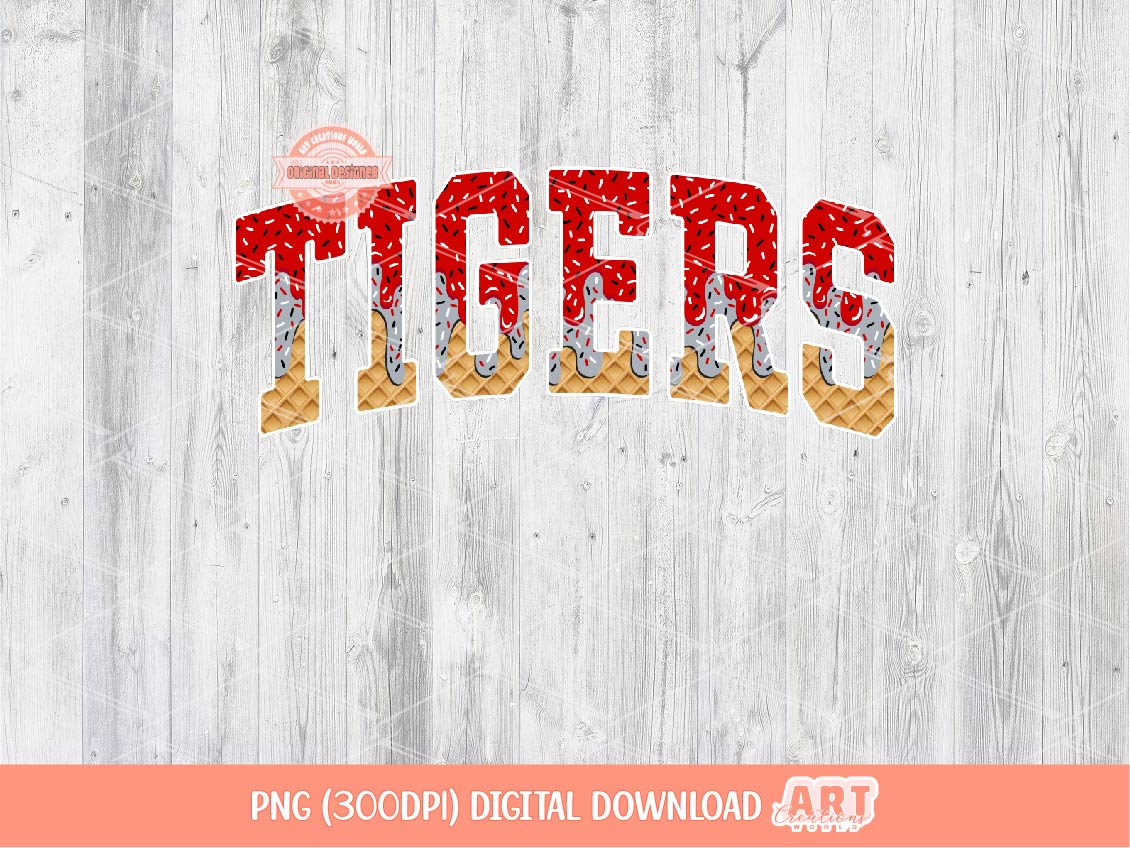 Tigers Red Silver Grey Drip PNG, Arched Varsity Drippy Ice cream waffle Cone Mascot Sublimation Shirt Design