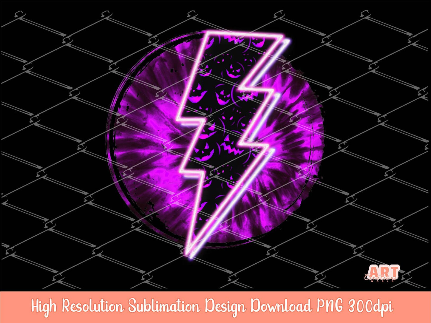 Neon Halloween Purple Tie-Dye Circle Background Sublimation PNG | Neon Lightning Bolt Halloween Background | Halloween Purple Pumpkin Ghost