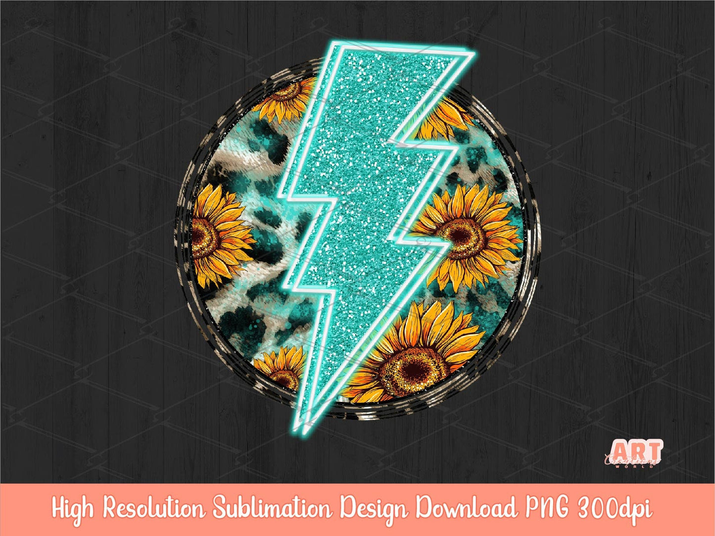 Western Circle Background Sublimation PNG | Neon Turquoise Lightning Bolt Western Background Png | Sunflower Leopard Glitter Turquoise PNG