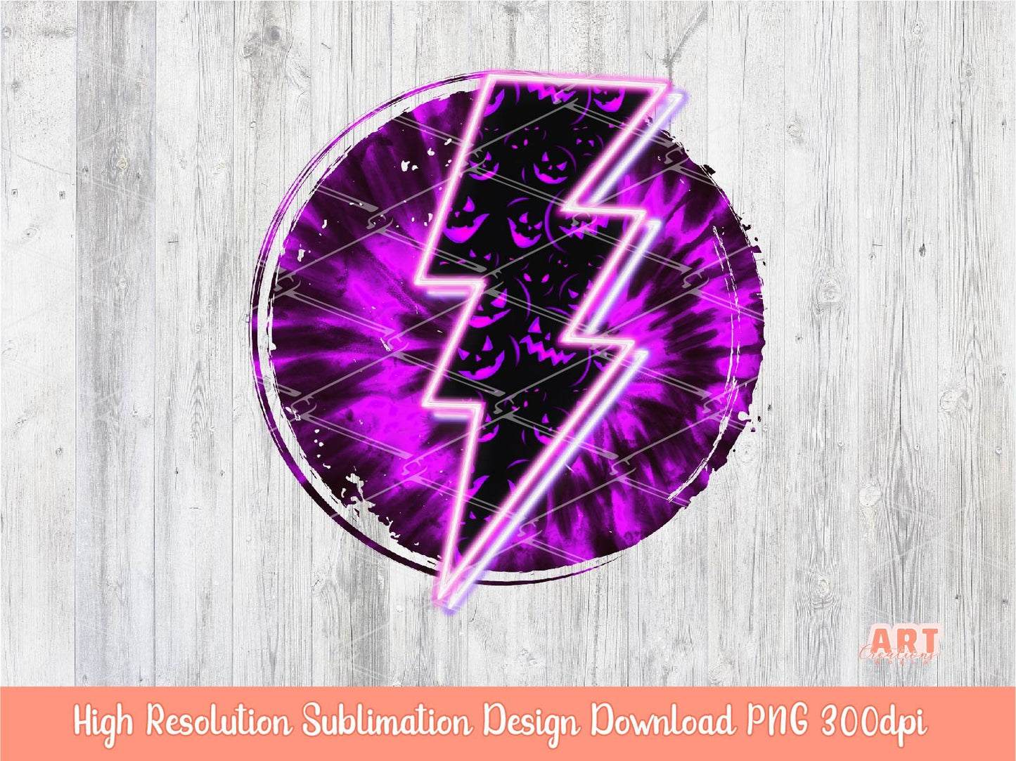 Neon Halloween Purple Tie-Dye Circle Background Sublimation PNG | Neon Lightning Bolt Halloween Background | Halloween Purple Pumpkin Ghost