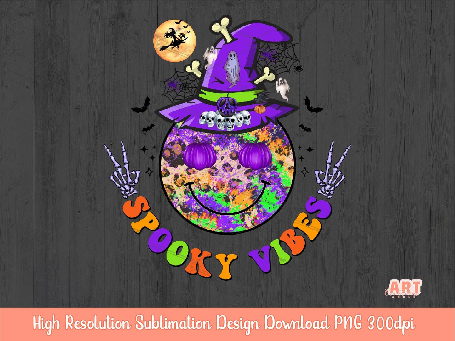 Spooky Vibes Halloween Sublimation PNG | Cute Retro smiley face with Ghosts Halloween PNG | Creepy Purple Witch Hat | Happy Halloween 2022