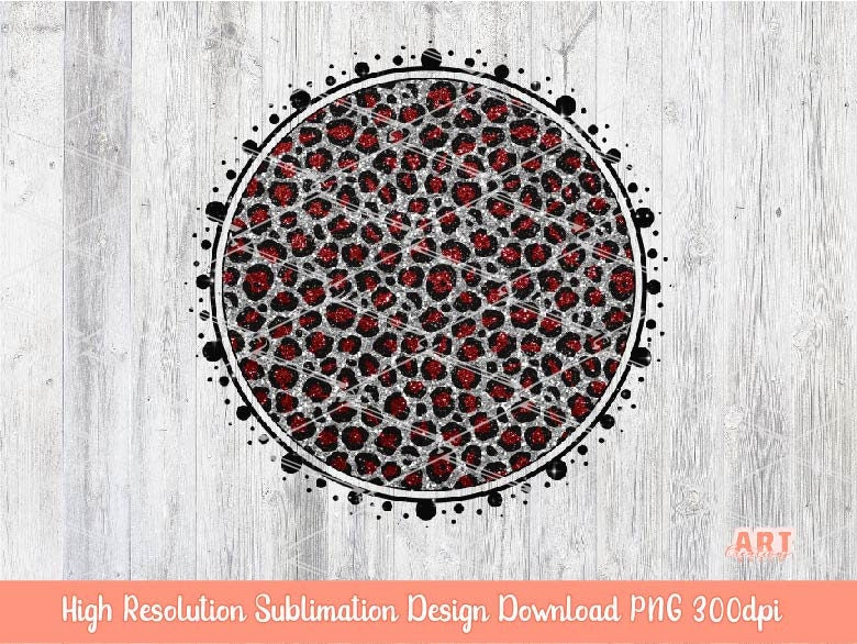 Red Glitter Leopard Circle Background PNG Sublimation Design - 2 Frames | Mascot Team Blank - School Spirit - Brush Stroke Custom Team Name
