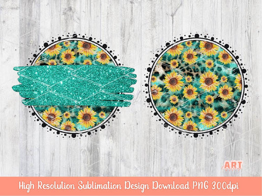 Western Sunflower Leopard Background PNG Sublimation Design - 2 Frames | Cheetah print Turquoise Glitter Brush Stroke Cowboy Cowgirl PNG