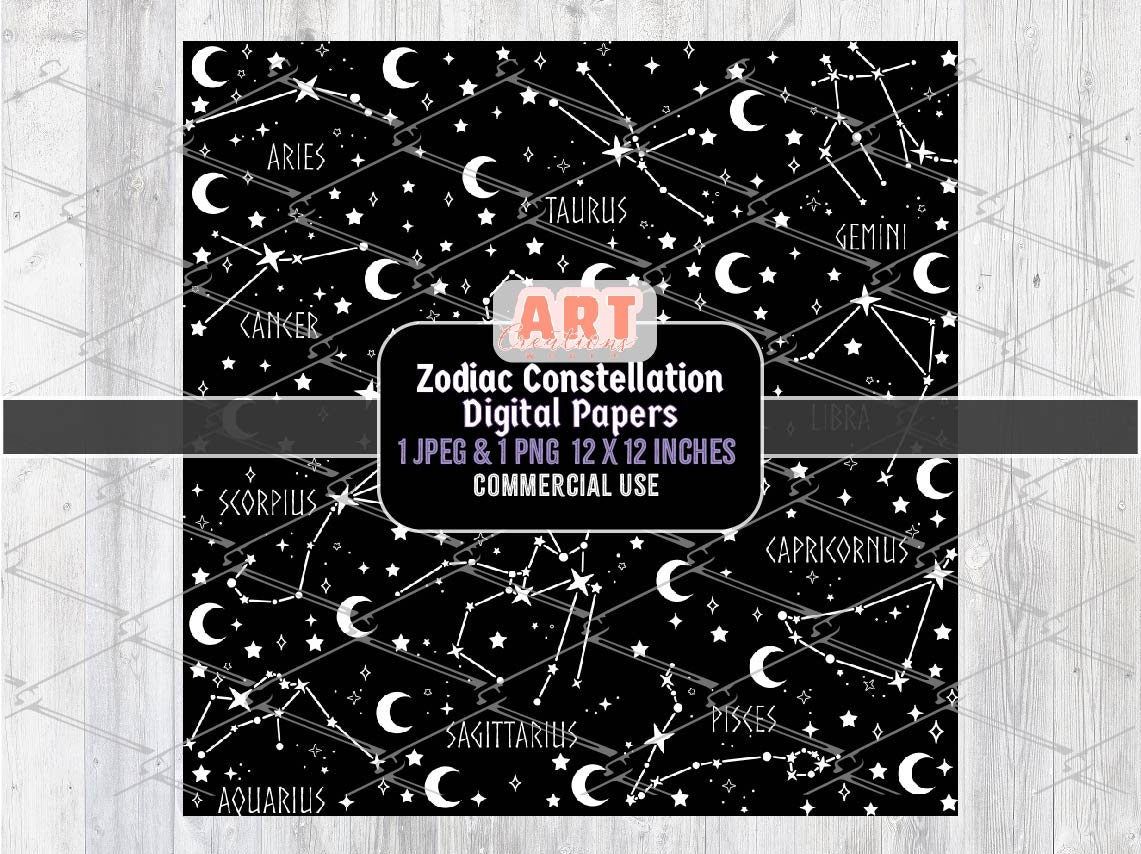 Zodiac Constellation Digital paper, Mystical Galaxy space with moon and stars Texture Background Overlays PNG, gothic Alt Seamless Pattern