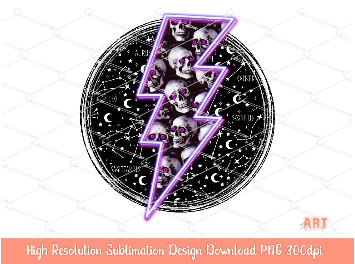Gothic Frame Background PNG Sublimation Design, Mystical Galaxy space with purple Lightning Bolt, skulls, moon and stars goth shirt Design