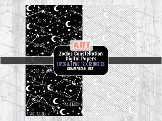 Zodiac Constellation Digital paper, Mystical Galaxy space with moon and stars Texture Background Overlays PNG, gothic Alt Seamless Pattern