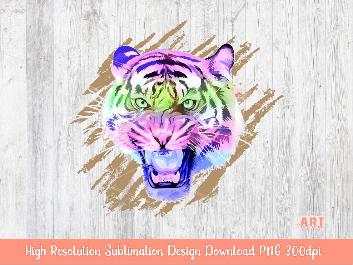 Original Hand Drawn Tiger Face PNG Sublimation, Gradient Colors with Grunge Tiger Skin Background 2023, Custom Wild Pet Portrait PNG File