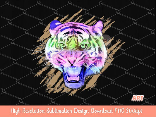 Original Hand Drawn Tiger Face PNG Sublimation, Gradient Colors with Grunge Tiger Skin Background 2023, Custom Wild Pet Portrait PNG File