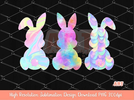 Original Design Colorful Easter Bunnies PNG Sublimation, Fairy Holographic Bunny Clipart, Magical Spring Rabbit art , Happy Easter Girl