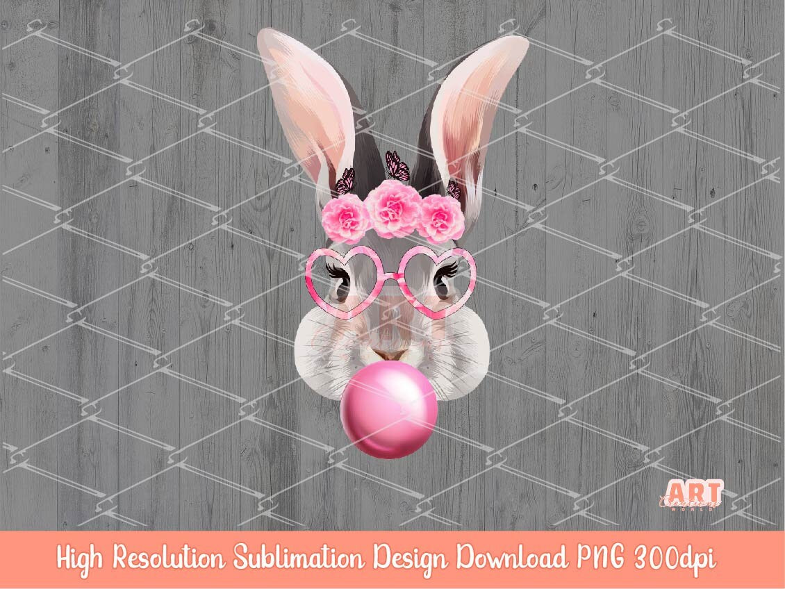 Original Hand Drawn Bunny With Bubblegum, Pink Flowers Butterflies & Heart Glasses PNG Sublimation | Cute Watercolor Easter Rabbit 2023 PNG