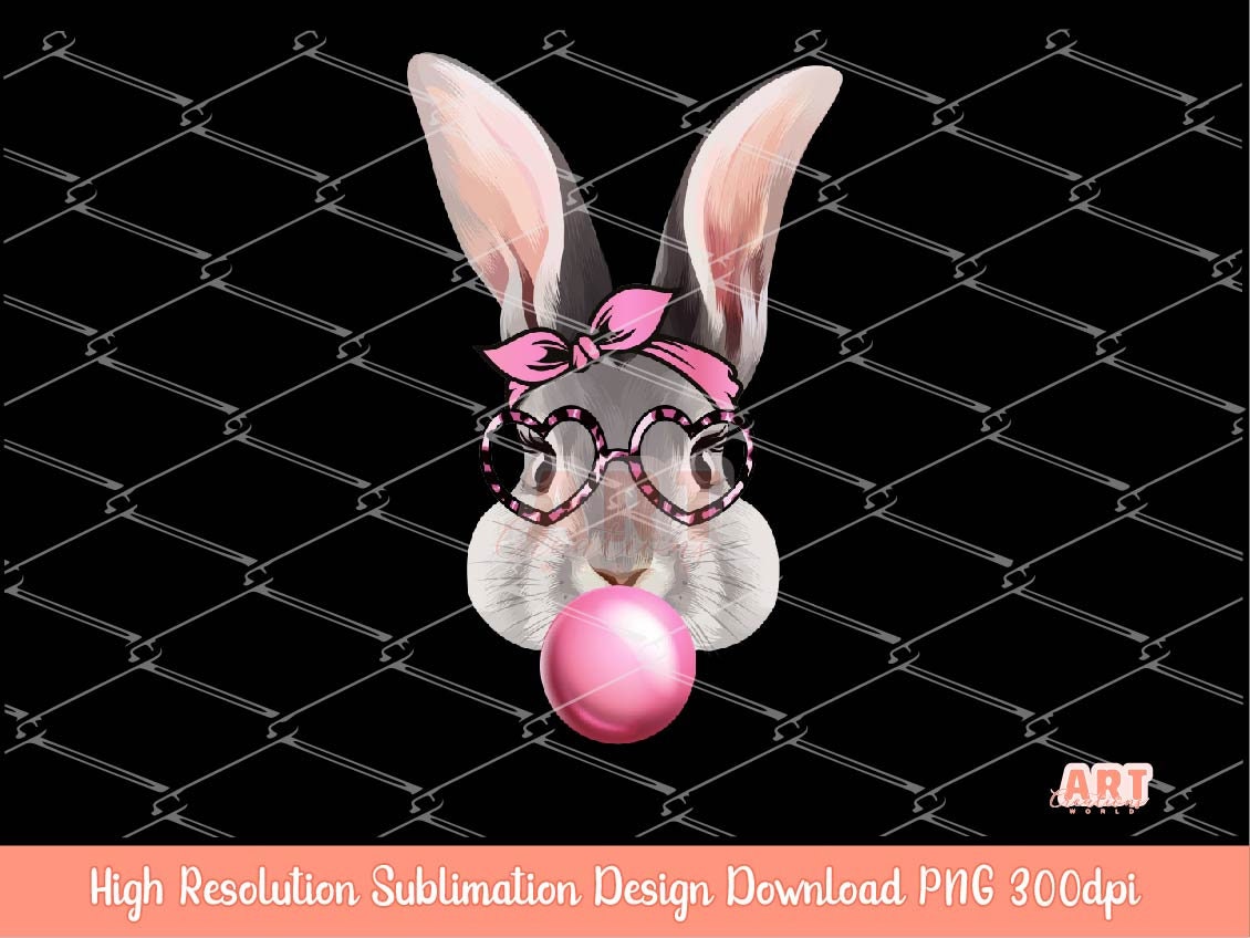 Original Hand Drawn Bunny With Bubblegum, Pink Bandana & Heart Leopard Glasses PNG Sublimation | Cute Watercolor Spring Easter Rabbit 2023