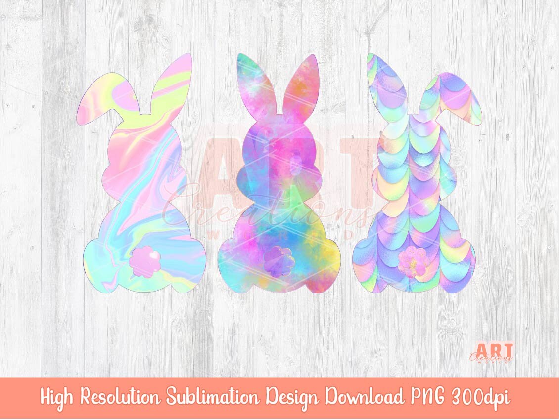 Original Design Colorful Easter Bunnies PNG Sublimation, Fairy Holographic Bunny Clipart, Magical Spring Rabbit art , Happy Easter Girl