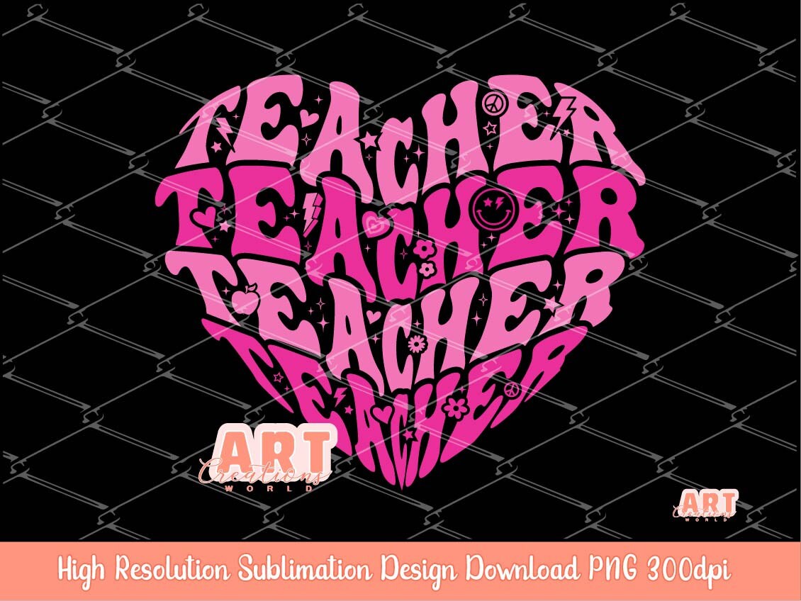Teacher Pink Heart PNG Sublimation, Custom Retro groovy Layered Text hearts shirt design, love my Teacher, Cute Teacher Life Design download