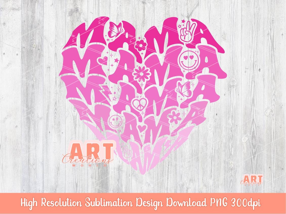 MAMA Pink Heart PNG Sublimation, Custom Retro groovy Layered Text hearts shirt design, I love my Mom, Cute mother Life Design download