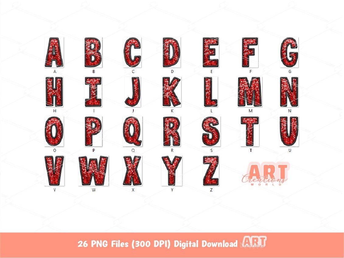 Sequin Letters PNG, Red and Black Faux Embroidered Glitter Sequin PNG Alphabet Set Clipart, Custom Sequin name and colors Digital Download