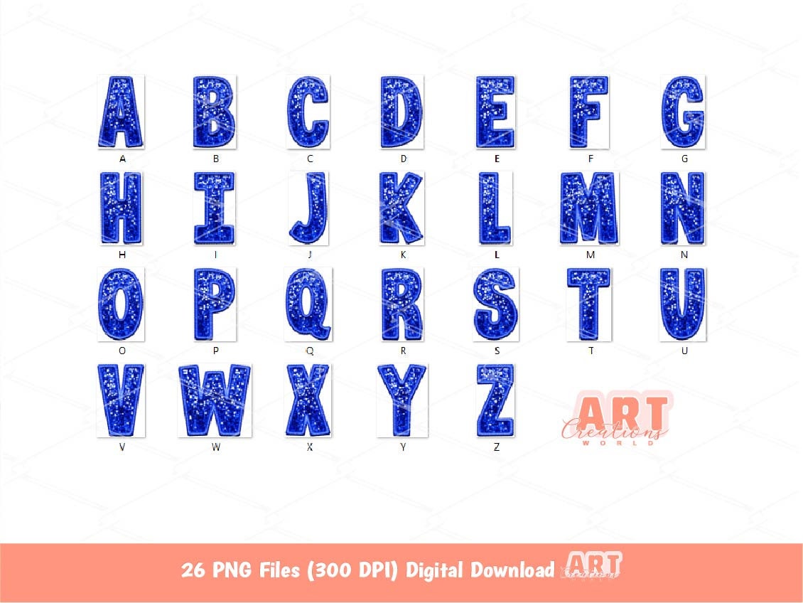 Blue Sequin Letters PNG, Faux Embroidered Royal Glitter Sequins PNG Alphabet Set Clipart, Custom Team name Mascot colors Digital Download