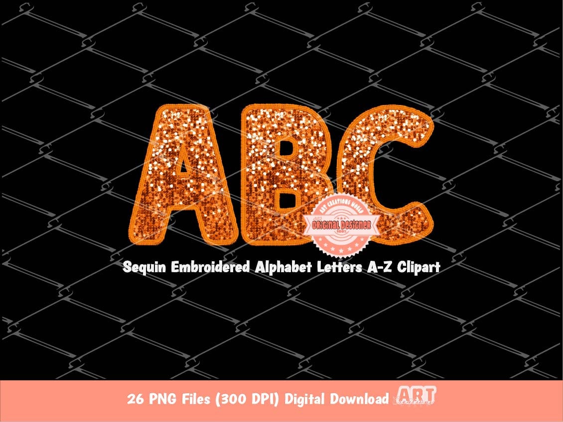 Orange Sequin Letters PNG, Original Designer Faux Embroidered Fall Halloween Glitter Sequins Alphabet Set Clipart, Custom Digital Download