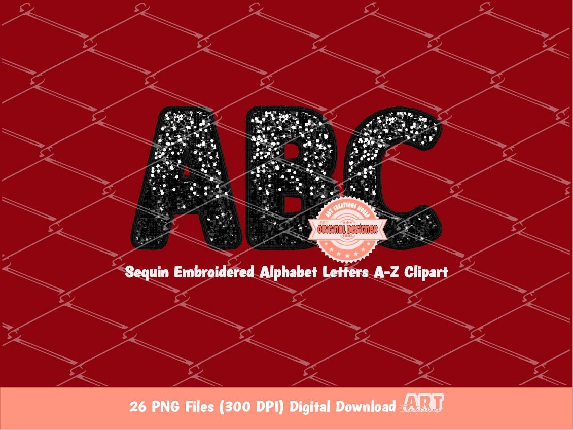 Black Sequin Letters PNG, Original Designer Faux Embroidered Glitter Sequins Alphabet Set Clipart, Custom alpha A-Z color Digital Download