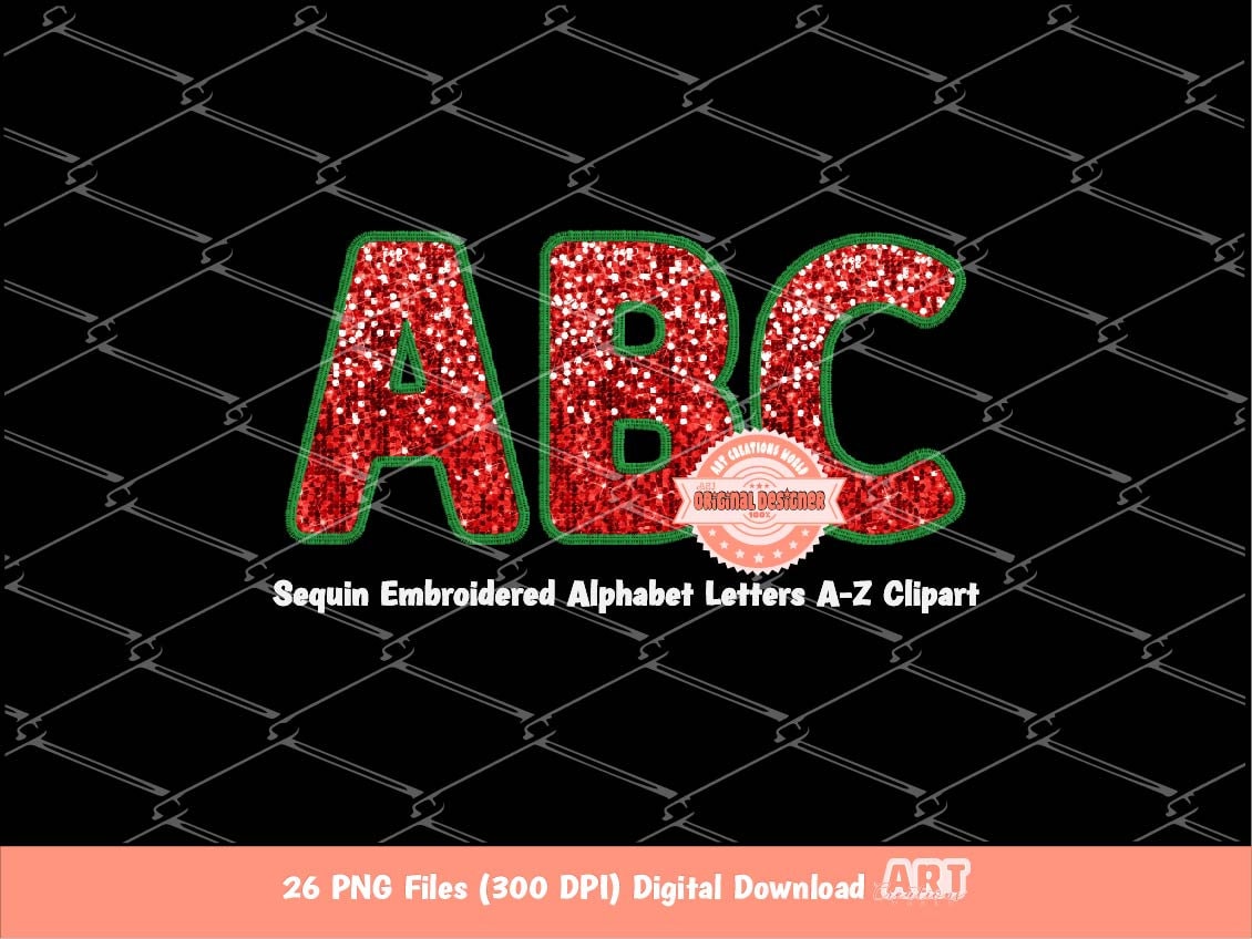 Christmas Sequin Letters PNG, Original Designer Green Faux Embroidered Red Glitter Sequins Alphabet Set Clipart, Holiday Digital Download