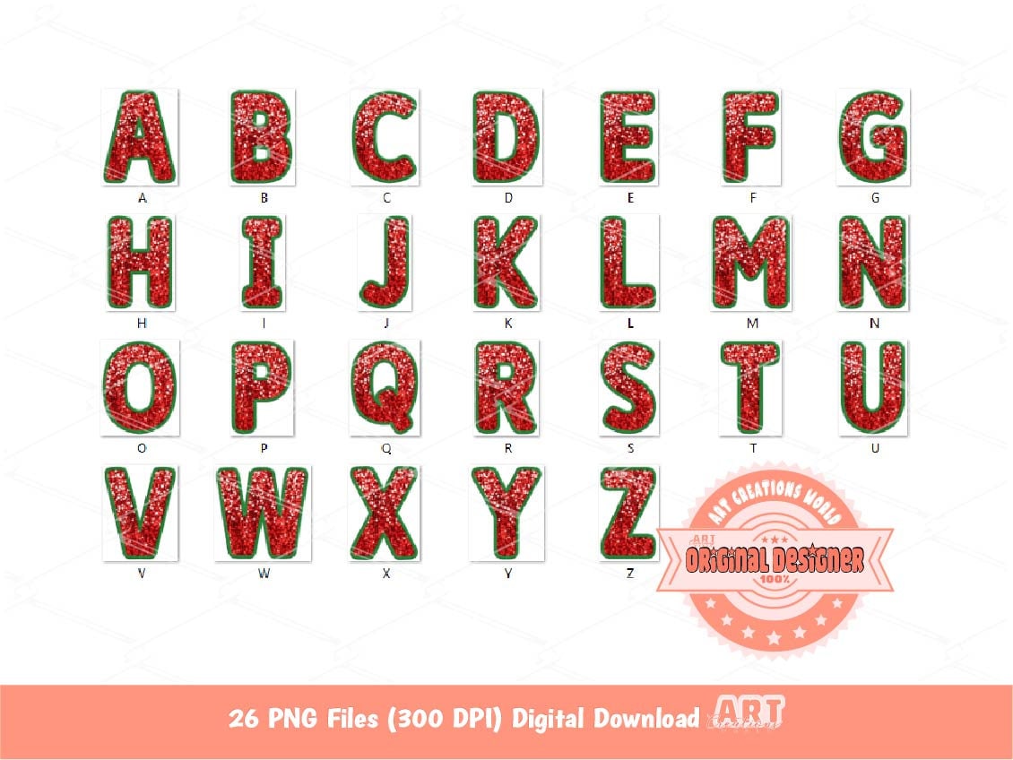 Christmas Sequin Letters PNG, Original Designer Green Faux Embroidered Red Glitter Sequins Alphabet Set Clipart, Holiday Digital Download