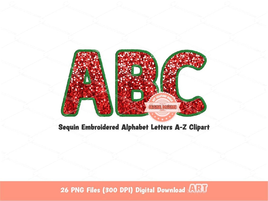 Christmas Sequin Letters PNG, Original Designer Green Faux Embroidered Red Glitter Sequins Alphabet Set Clipart, Holiday Digital Download