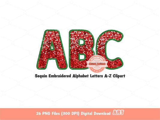 Christmas Sequin Letters PNG, Original Designer Green Faux Embroidered Red Glitter Sequins Alphabet Set Clipart, Holiday Digital Download