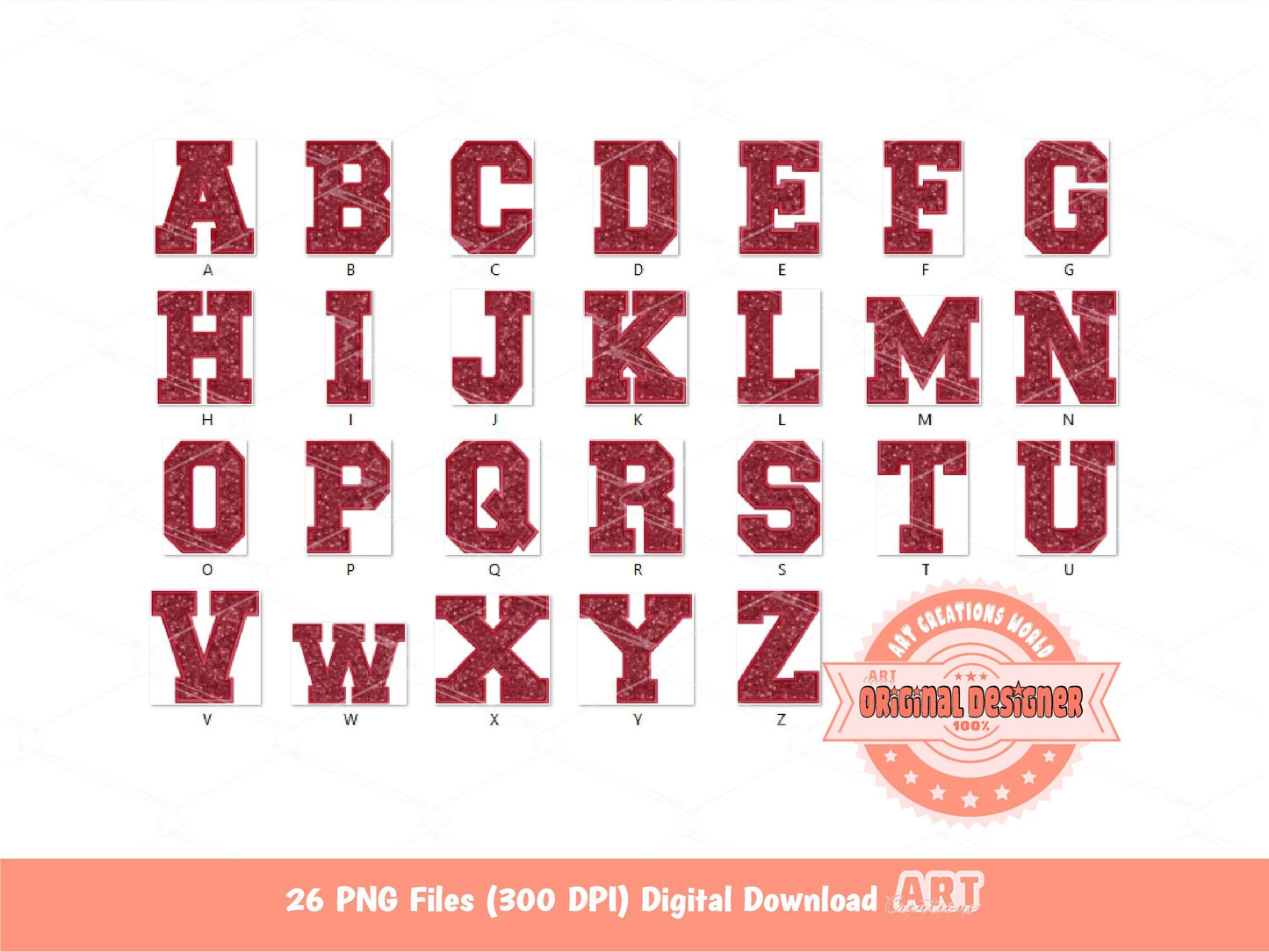 Red Wine Sequin Letters PNG, Original Varsity Alphabet Set Clipart with Faux Embroidery Maroon Glitter Sequins, alpha A-Z Digital Download