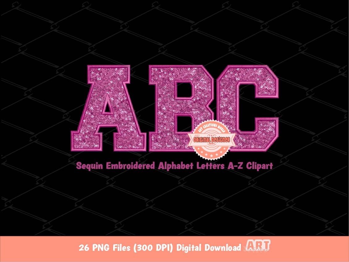 Light Magenta Sequin Letters PNG, Original Varsity Alphabet Set Clipart with Faux Embroidery Pinkish Purplish Pink Sequins Digital Download