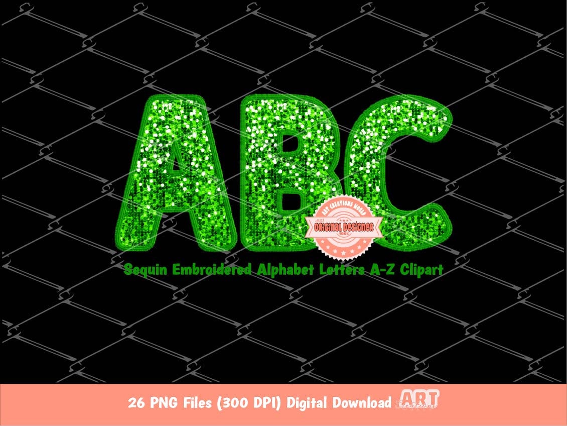 Green Sequin Letters PNG, Original Designer Faux Embroidered Kelly Green Glitter Sequins Alphabet Set Clipart, Custom color Digital Download