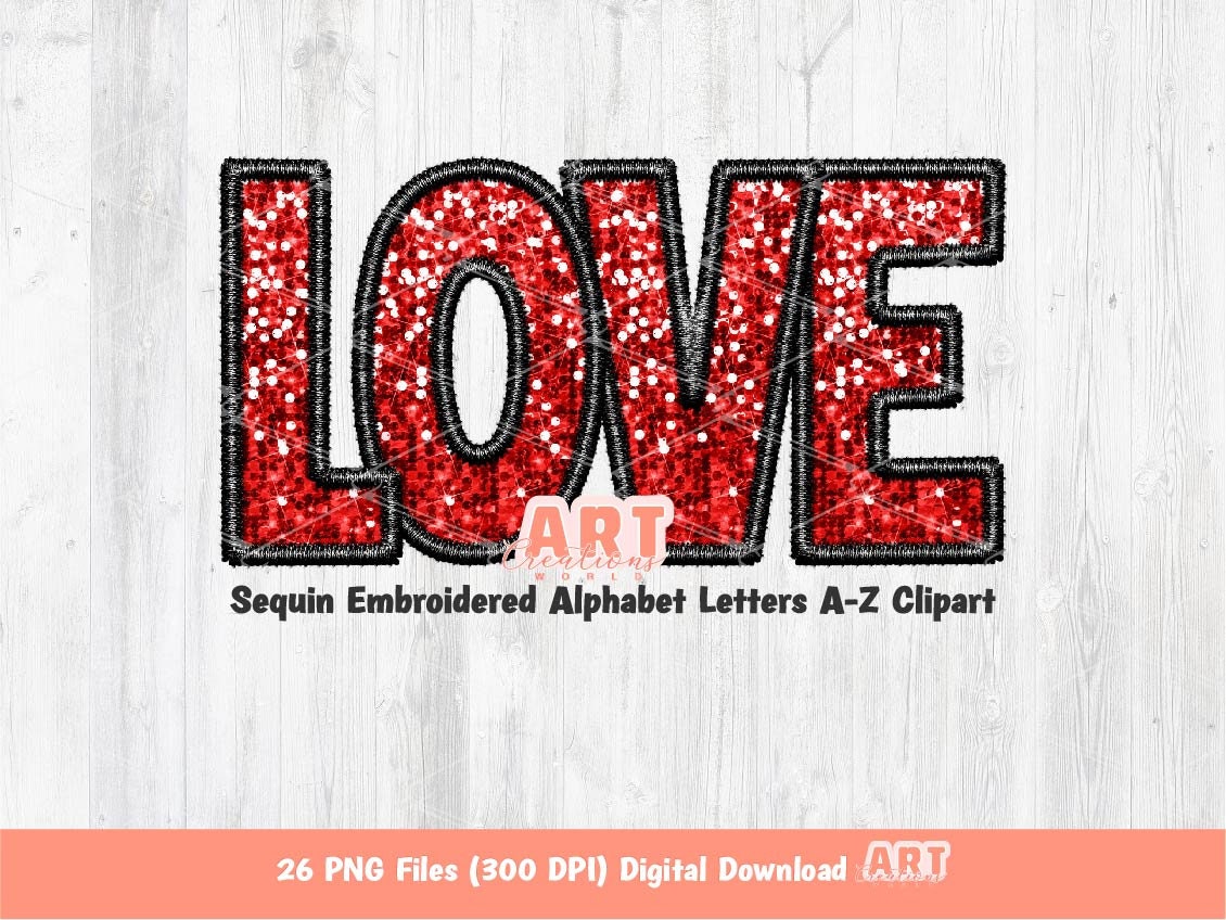 Sequin Letters PNG, Red and Black Faux Embroidered Glitter Sequin PNG Alphabet Set Clipart, Custom Sequin name and colors Digital Download
