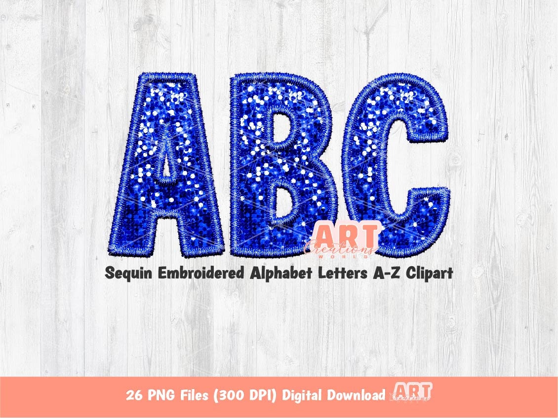 Blue Sequin Letters PNG, Faux Embroidered Royal Glitter Sequins PNG Alphabet Set Clipart, Custom Team name Mascot colors Digital Download
