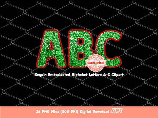 Neon Christmas Sequin Letters PNG, Original Designer Faux Embroidered Glowing Green & Red Glitter Sequins Alphabet Set Clipart PNG Downloads