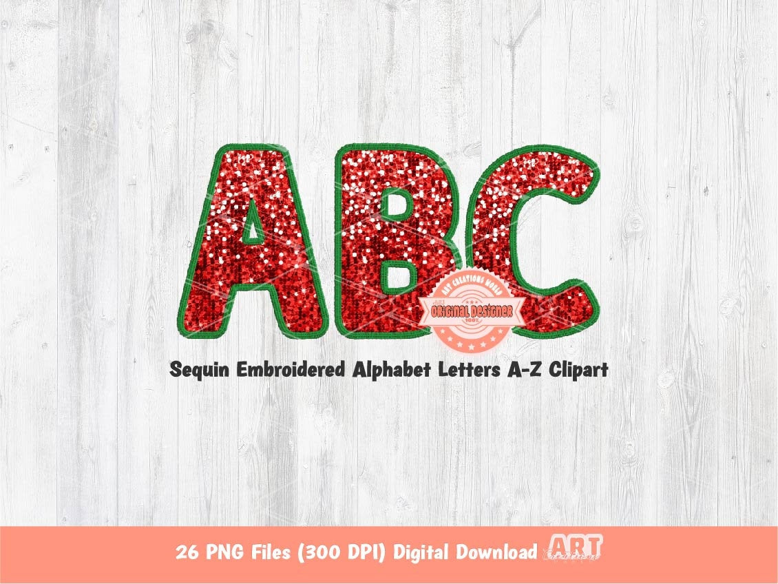 Christmas Sequin Letters PNG, Original Designer Green Faux Embroidered Red Glitter Sequins Alphabet Set Clipart, Holiday Digital Download