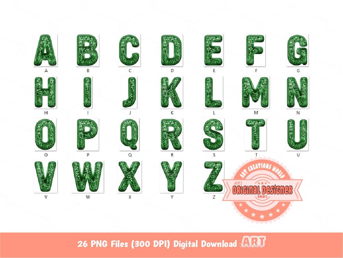 Green Faux Embroidery Sequin Letters PNG, Original Designer Clover Green Lucky charm Glitter Sequins Alphabet Set Clipart Digital Download