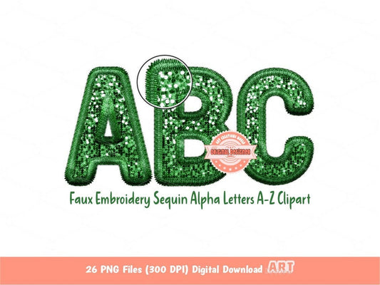Green Faux Embroidery Sequin Letters PNG, Original Designer Clover Green Lucky charm Glitter Sequins Alphabet Set Clipart Digital Download