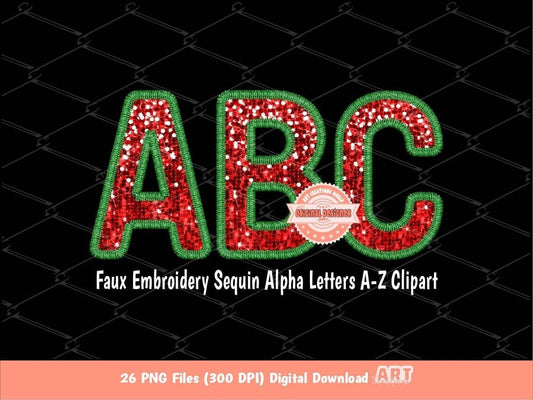 Christmas Letters Faux Embroidery Sequin PNG, Xmas Green Red Glitter Sequins Alpha Set Clipart, Christmas Sublimation & DTF Digital Download
