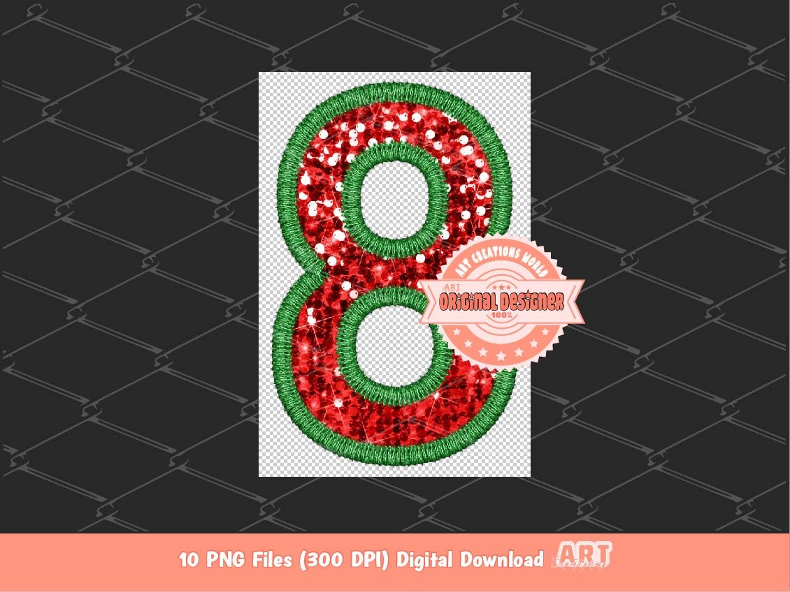 Christmas Numbers Faux Embroidery Sequin PNG, Green Red Glitter Sequins Numbers Set 0-9 PNG Clipart, Xmas Sublimation & DTF Digital Download
