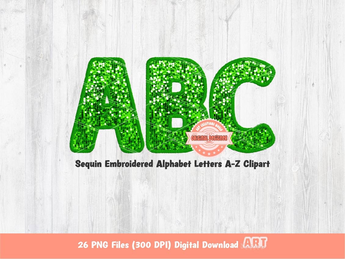 Green Sequin Letters PNG, Original Designer Faux Embroidered Kelly Green Glitter Sequins Alphabet Set Clipart, Custom color Digital Download