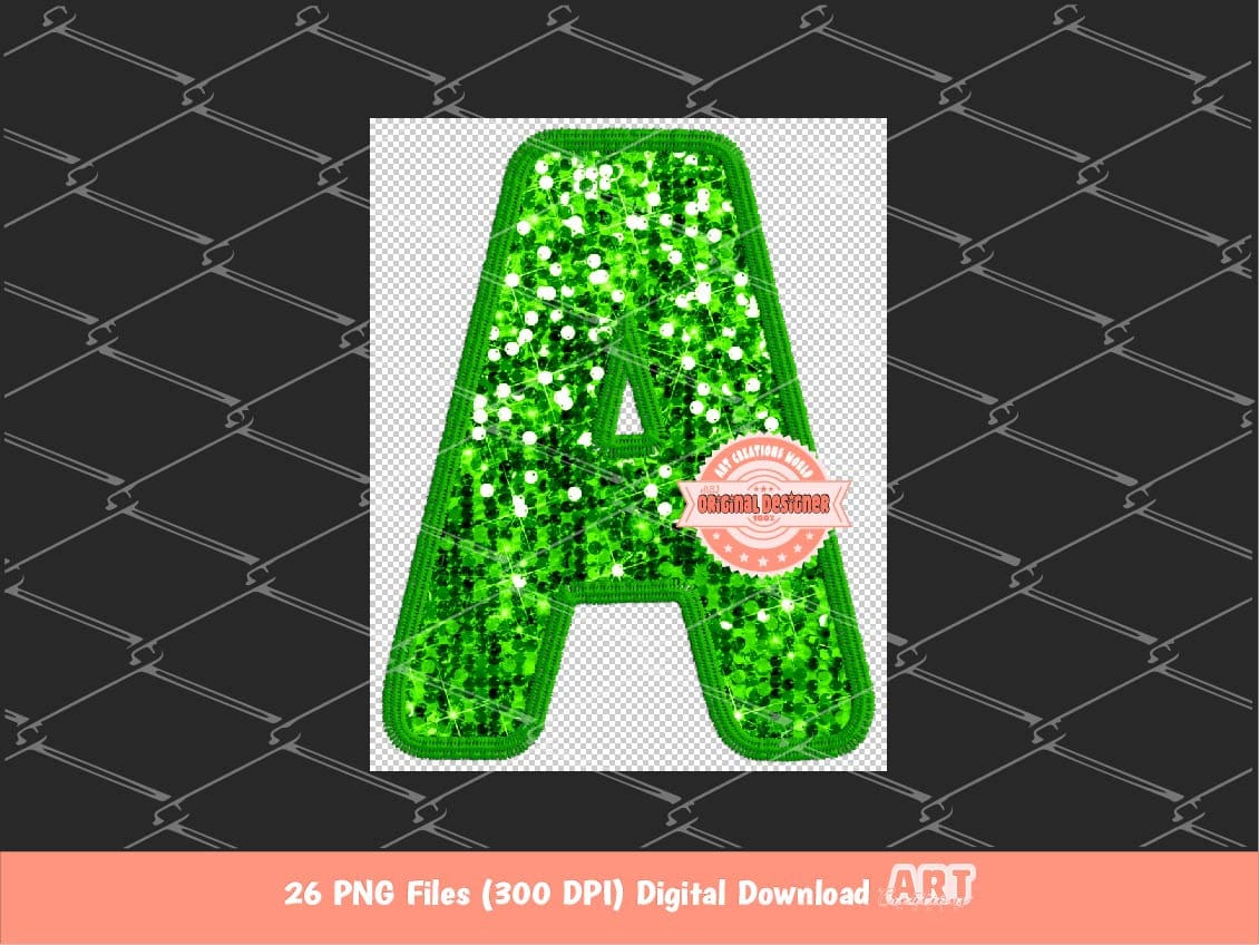Green Sequin Letters PNG, Original Designer Faux Embroidered Kelly Green Glitter Sequins Alphabet Set Clipart, Custom color Digital Download