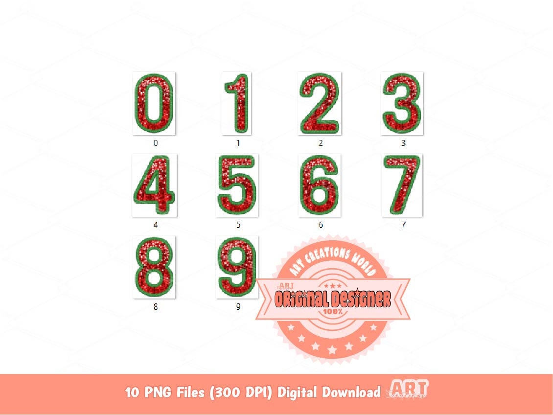 Christmas Numbers Faux Embroidery Sequin PNG, Green Red Glitter Sequins Numbers Set 0-9 PNG Clipart, Xmas Sublimation & DTF Digital Download