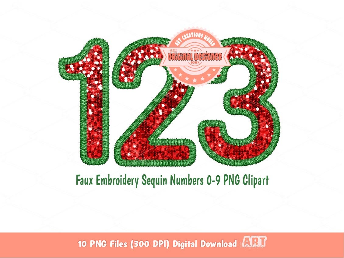 Christmas Numbers Faux Embroidery Sequin PNG, Green Red Glitter Sequins Numbers Set 0-9 PNG Clipart, Xmas Sublimation & DTF Digital Download