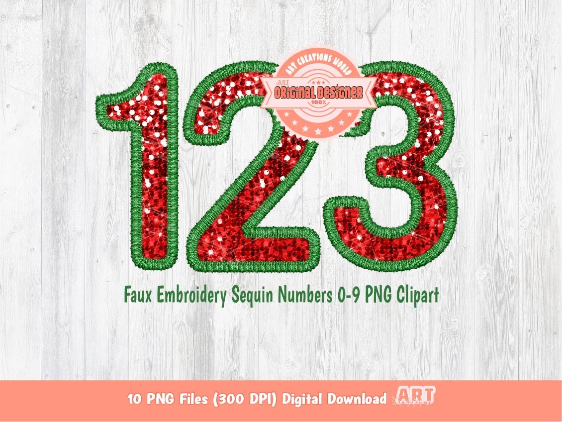 Christmas Numbers Faux Embroidery Sequin PNG, Green Red Glitter Sequins Numbers Set 0-9 PNG Clipart, Xmas Sublimation & DTF Digital Download