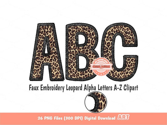 Faux Embroidery Leopard Letters PNG, Cheetah Print Wild Alpha Set Clipart, Black Leopard Safari Alphabet Sublimation & DTF Digital Download