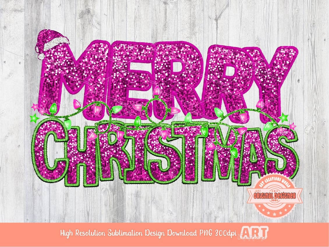 Merry Christmas Sequin PNG, Original Xmas Faux Embroidery with Pink and Green Glitter sequins T shirt Design, Christmas Lights and Santa hat