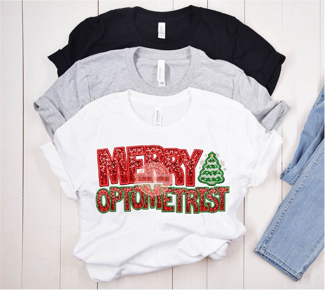 Merry Optometrist Sequin PNG, Original Christmas Optician Faux Embroidery with Red Green Glitter Sequins Sublimation & DTF Design Download