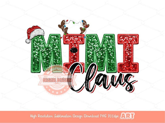 Mimi Claus Faux Embroidery Sequin PNG, Original Christmas Design with Red and Green Glitter Reindeer Antlers & Santa Hat Sublimation Design